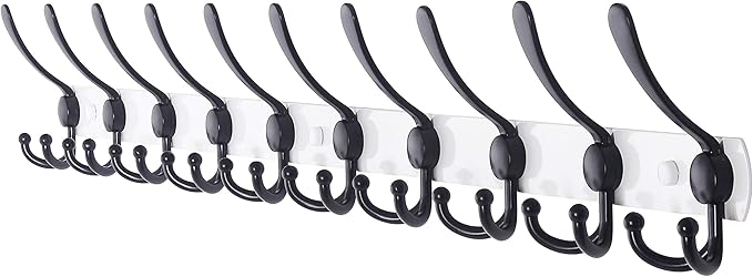 Dseap Coat Rack Wall Mount - 38” Long 10-Tri-Hooks Heavy Duty Coat Hanger Rail Wall Hooks for Hanging Coats Hats Clothing Clothes Purse Mudroom Entryway, White/Black-NeatNest