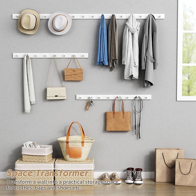 Forbena White Coat Hooks Wall Mount for Hanging 4 Pack, 16 Inch Wood Entryway Coat Rack Wall Mounted Heavy Duty, Modern Large Wall Hooks for Hats Kids Clothes Bags Purses Caps Closet - 16 Hooks
