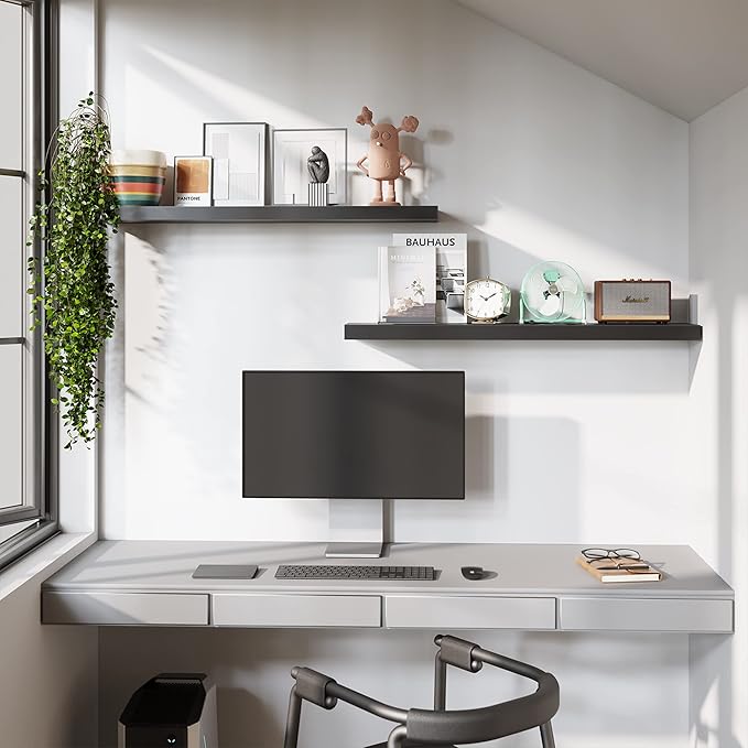 BAMEOS Floating Shelves, Black Wall Mounted Wooden Shelves with Invisible Brackets Set of 2,47 x 9-NeatNest