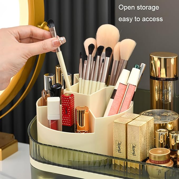 Makeup Organizer Countertop - Dual Drawer Cosmetic Storage with Spacious Compartments for Vanity, Holds 20 Brushes, 12 Lipsticks, 10 Skincare Bottles, Chic Modern Design