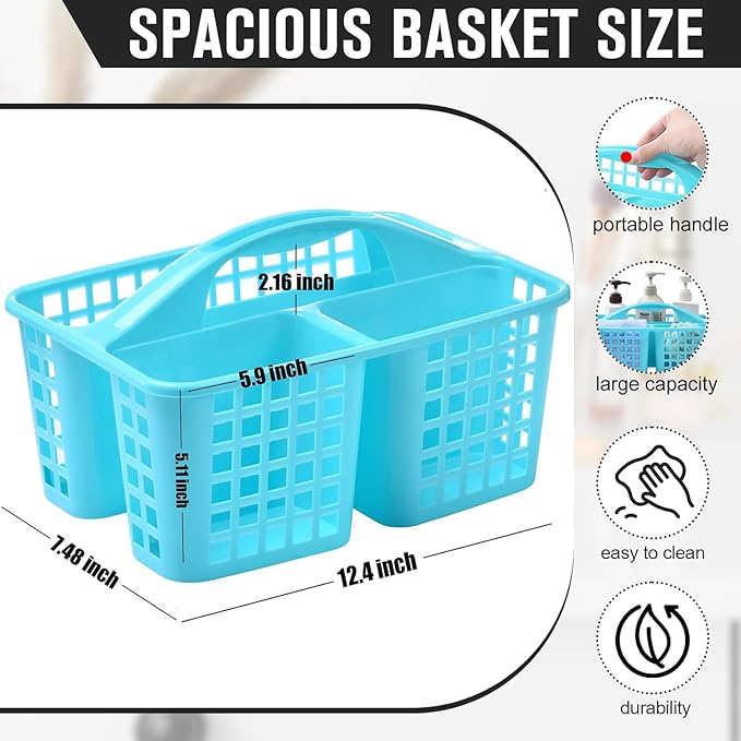 Haundry Plastic Shower Caddy Basket with 3 Compartments, Portable Divided Cleaning Supply Storage Organizer with Handle (Blue)-NeatNest