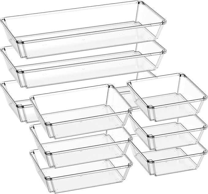 9 Pack Large Clear Plastic Drawer Organizer Trays, Desk Drawer Organizers and Storage Dividers, Non-Slip Storage Bins for Jewelry, Snacks, Office, Bathroom, Bedroom and Kitchen-NeatNest