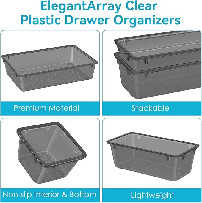 12-Piece Drawer Organizer Set, 4 Sizes Versatile Plastic Vanity Organizer for Makeup, Stationery, Gadgets, in Kitchen, Bathroom, Office, and Bedroom, Black-NeatNest