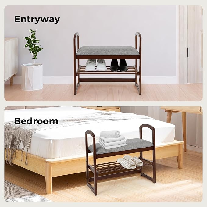 StrongTek Elderly-Friendly Shoe Bench with Armrests, 14" High, Lightweight, 220 lbs Capacity, Bamboo Entryway Bench with Soft Cushion, Small Shoe Rack for Up to 4 Pairs of Shoes