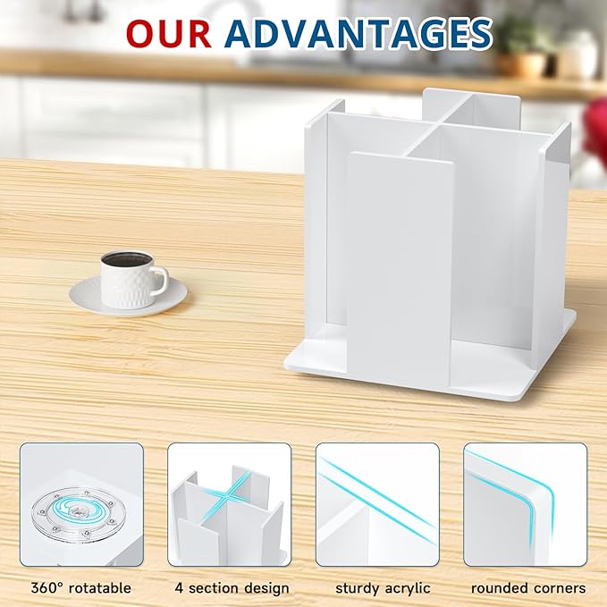 Cup and Lid Holder, 4 Compartment, Square | Rotating Coffee Cup Dispenser Lid Carousel for Restaurant, Buffet, Coffee Station, Bar, Countertop, White Acrylic-NeatNest