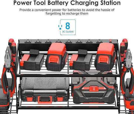 CCCEI Garage Tools Storage with Charging Station. Power Tool Battery Organizer Utility Shelf with Power Strip. 4 Drills Holder Wall Mount Rack, Black.-NeatNest