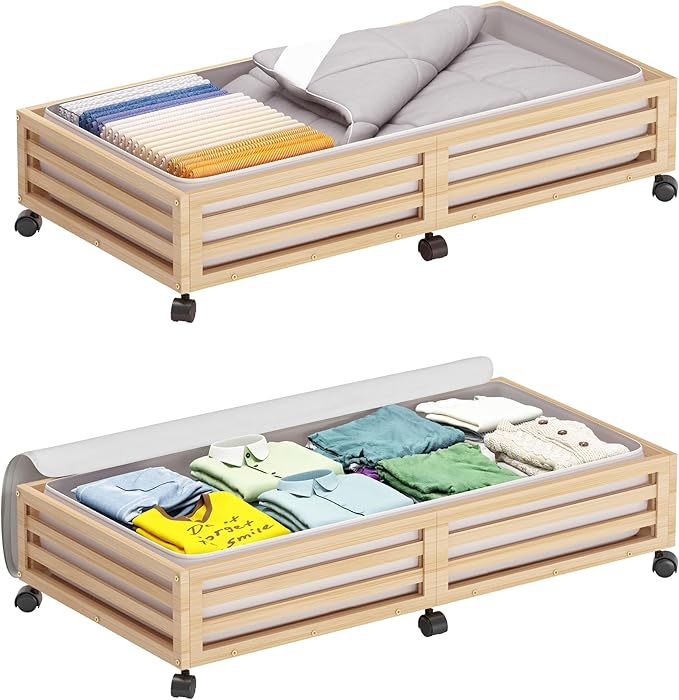 Bamboo Under Bed Storage Containers- Underbed Organizer with Wheels with Large Capacity Dust Bag,Sturdy Wood Rolling Under Bed Shoe Storage Organizer 2 Packs (Nature, 2 Packs (33.07"×16.54"))-NeatNest