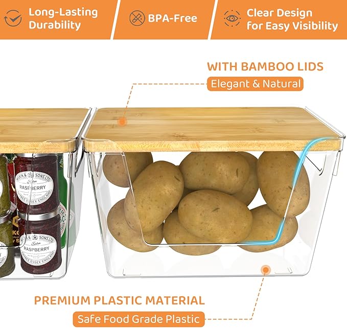 4 Pack Potato Storage with Lids – Front Open Kitchen Pantry Organizer and Storage, Stackable Storage Bins for Onion, Garlic, Fruit, Produce, Vegetable
