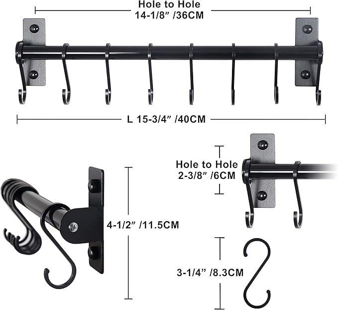 Dseap Kitchen Utensil Holder Hanger, Pot and Pan Rack Wall Mounted, Kitchen Rail with 8 Hooks for Hanging Cooking Utensils, Mugs, Spoons, Wall Mounted, Black-NeatNest