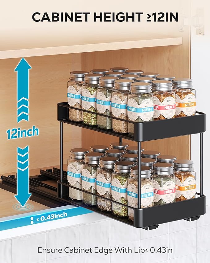 Nieifi Spice Rack Organizer for Cabinet, Vertical Spice Rack Pull Out, Easy to Install, Metal, 6.5''Wx10.35''Dx8.4''H, 2 Pack, 2 Tiers(Black)