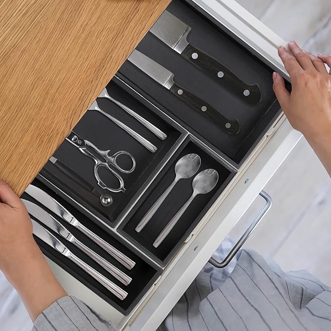 Bamboo Drawer Organizer - Kitchen Utensil Organizer Silverware Tray Cutlery Holder,Office Desk Supplies and Accessories,12 * 5.9 * 2.6,Black-NeatNest