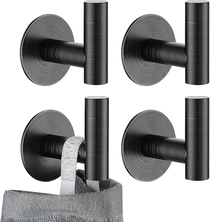 JQK Self Adhesive Towel Hook Bronze, No Drill Stick on Coat Robe Clothes Wall Hook for Bathroom Kitchen Garage 4 Pack, 304 Stainless Steel Oil Rubbed Bronze, ATH110-ORB-P4