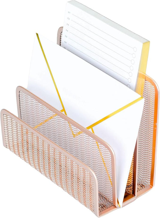 Blu Monaco Rose Gold Metal Mesh Letter Sorter – 3-Slot Mail Organizer for Desk, Office & Home – Space-Saving Vertical Mail Holder for Envelopes, Documents & Files – Modern Desk Organizer-NeatNest