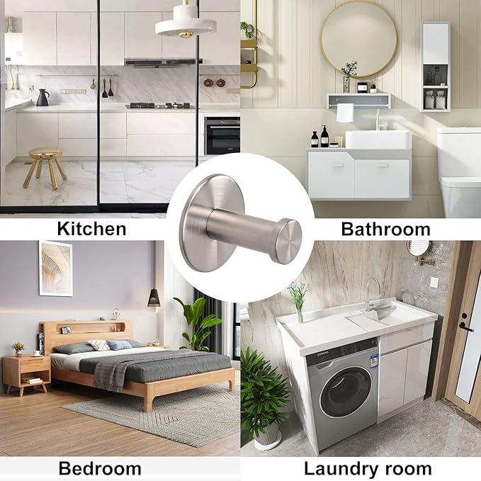 Bath Towel Hooks, 6 Pack Self Adhesive Coat Hooks, Sturdy No Drilling Robe Hook, SUS 304 Stainless Steel Heavy Duty, Wall Hooks for Bathroom Bedroom Kitchen (2 in, Brushed)