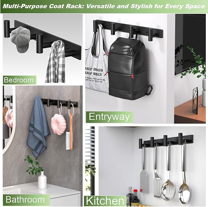 Coat Rack Wall Mounted with 4 Hooks, Wall Hooks for Hanging Towel Coat Hat Bag, Heavy Duty, Metal Hat Rack Coat Hanger Towel Hooks Coat Hooks for Entryway Bathroom Kitchen (Black, 2 Packs)-NeatNest