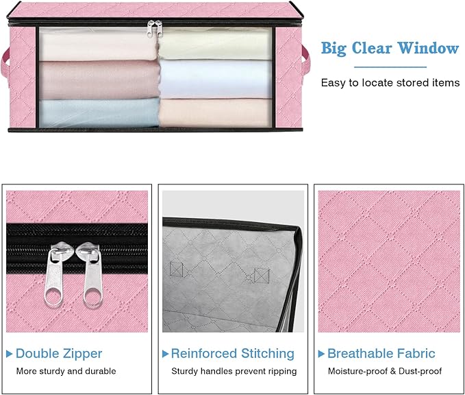 HomeHacks Storage 6-Pack Clothes Organizer Storage Bags Foldable Storage Box with Large Clear Window Sturdy Handles for Closet, Dorm, Pillows, Bedding, Clothes, Blankets, 35L, Pink-NeatNest