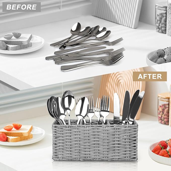 Ayiaren Grey Plastic Cutlery Silverware Holder Small Utensil Organizer Holders for Kitchen Counter Party Flatware Caddy Table Silverware Organizer Basket Spoon Knife Fork Holder Picnic Utensil Caddy-NeatNest