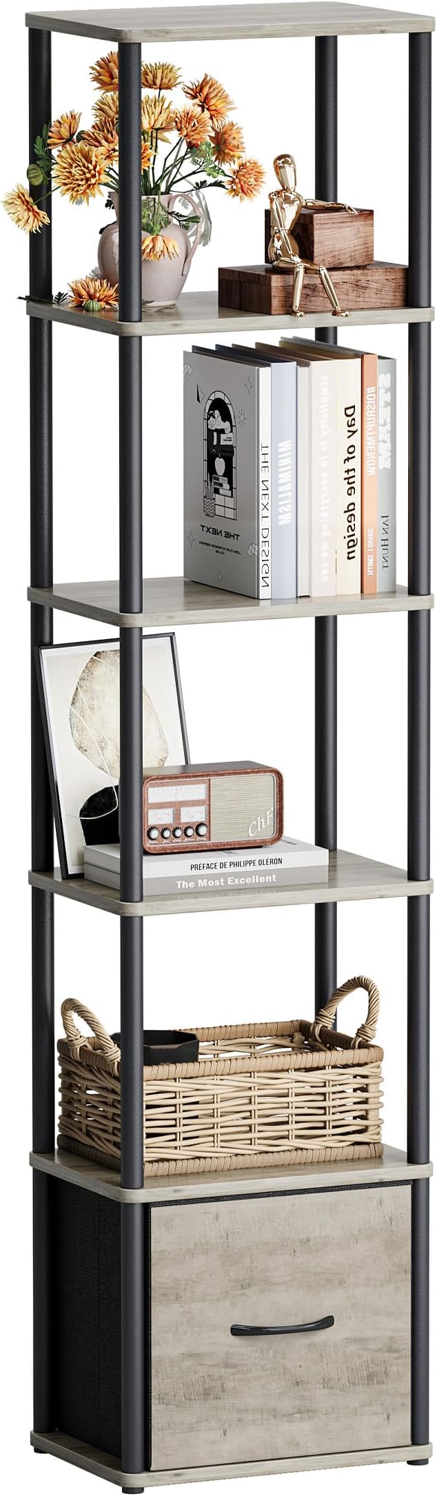 6-Tier Bookshelf with Drawer, Narrow Bookshelves Organizer, Floor Standing Ladder Shelf,Tall Bookcase for Small Space, Book shelf with Storage for Living Room, Bedroom, Office, Study Light Oak HBC505Z