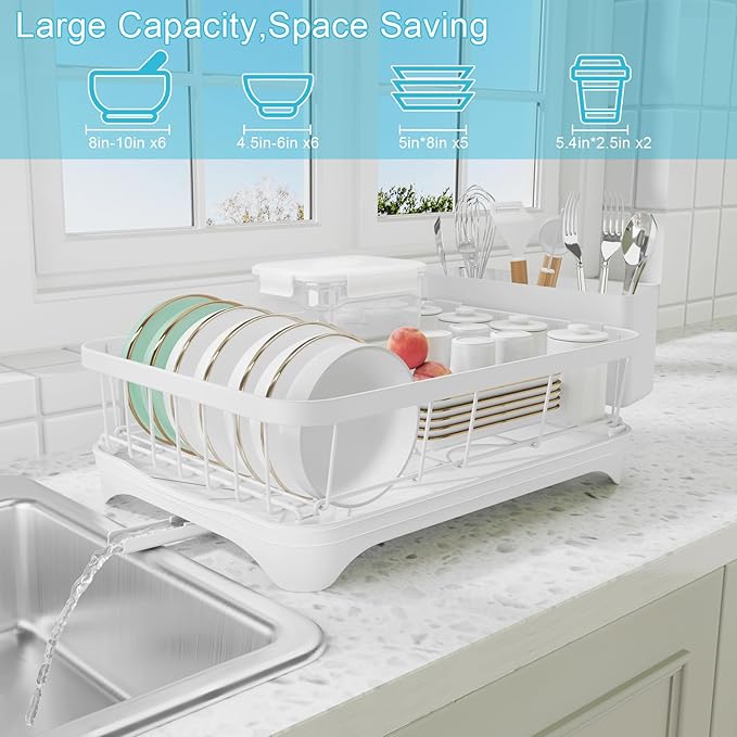 Dish Drying Rack - Space Saving Dish Rack with Drainboard,Single Layer with Utensil Holder - Large Capacity Countertop Organizer for Bowls, Cups, Dish Drainer White