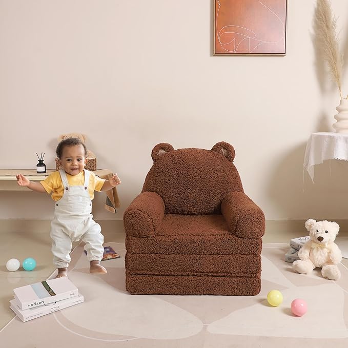 Foldable Kids Sofa, Sherpa Teddy Bear Toddler Couch with Tri Folding Foam Cushions, Comfy Couch for Kids Age 18 Months and Up-NeatNest