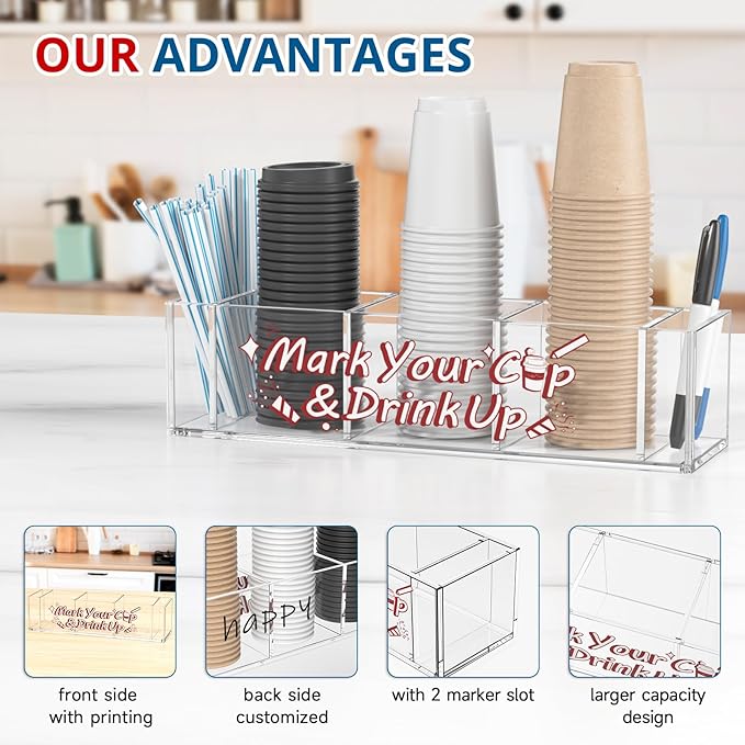 Cup Holder with Marker Slot - Mark Your Cup and Drink Up Countertop Disposable Plastic Cup Organizer Dispenser for Wedding Kitchen Bar Caddy Party Decor Hostess Gifts for Women, Clear Acrylic