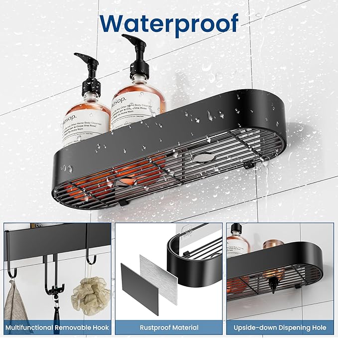 Adhesive Shower Caddy, 2 Pack X-Large Bathroom Organizers and Storage with Large Capacity and 4 Hooks, No Drilling Shower Shelf for Inside Shower for Bathroom, Dorm and Kitchen