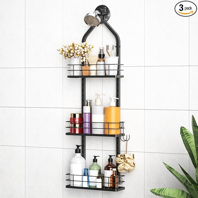 Shower Caddy Hanging (Black), Adjustable Anti-Swing-Over The Shower Head Caddy, 3 Tier Height Bathroom Storage Organizer Bathroom Shelves Basket Rack Shower Caddies (3Tier)