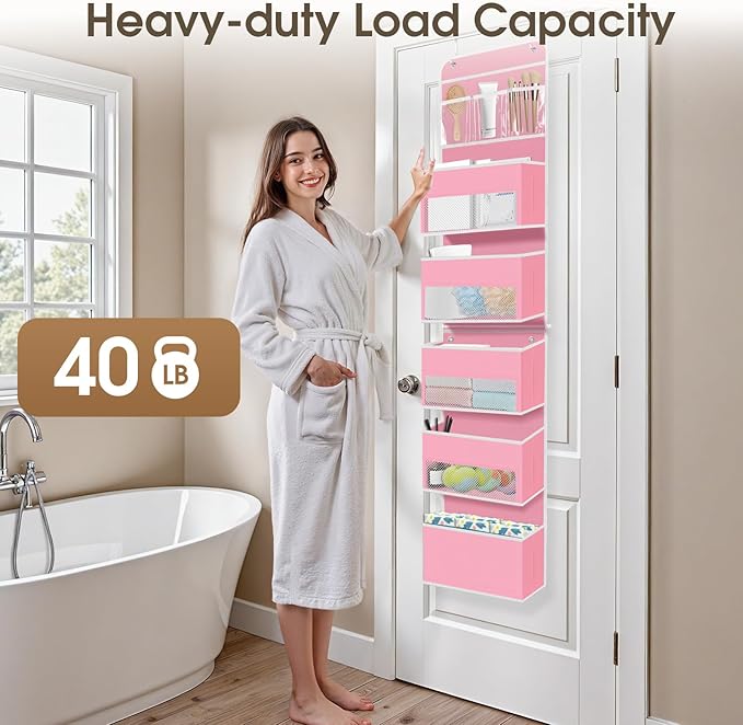 6-Tier Over The Door Organizer Hanging Storage Organizers with Clear Window 40lb Large Capacity Room Organizer for Pantry Bathroom Nursery Closet(Pink)-NeatNest