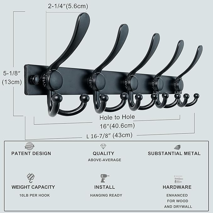 Dseap Coat Rack Wall Mount 2.0 Pro: Heavy Duty 300% Thicker, 16" Stud Mount, Stainless Steel Wall Coat Hooks Hanger for Clothes Jackets Hats Entryway Closet, MaxStrong Series, Black, Pack of 2