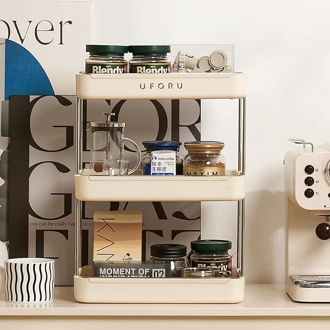 Countertop Coffee Station Organizer, 3 Tier Wine Glass Holder, Mug Shelf with Removable Drain Tray, Spice Rack for Kitchen, Bathroom Countertop Organizer, Cream White-NeatNest