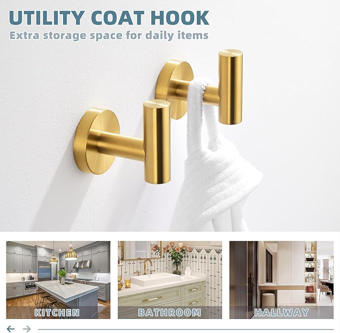 APLusee Hand Towel Hook 2 Pack Brushed Gold, 304 Stainless Steel Bath Robe Hanger, Wall Mounted