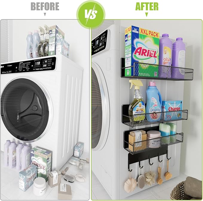 4 Pack Magnetic Shelves for Washing Machine, Heavy-Duty Magnetic Laundry Organizer with Hooks, Washing Machine Shelf for Refrigerator, Metal Storage Baskets, Closet & Laundry Room Organization(Black)