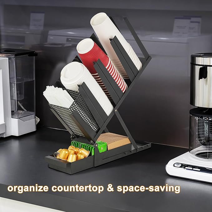Coffee Cup Dispenser, Cup and Lid Holder for Countertop, 5 Compartment All Metal Paper Cups Lids Straw Pods Sleeves Holder, Coffee Station Bar Organizer