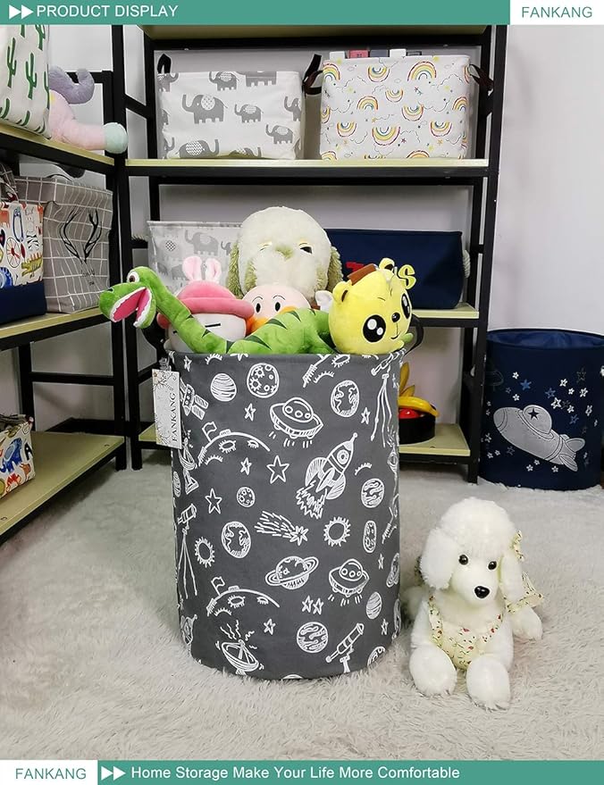 FANKANG Storage Basket, Nursery Hamper Canvas Laundry Basket Foldable with Waterproof PE Coating Large Storage Baskets for Kids Boys and Girls, Office, Bedroom, Clothes,Toys(Space Planet)