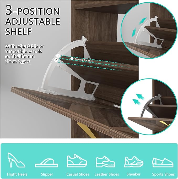 Vibe & Dine 4 Flip Drawer Shoe Cabinet, Mid Century Modern Shoe Organizer with Bottom Cubby, Hidden Shoe Cabinet with 2 Hooks, Freestanding Narrow Slim Shoe Rack Cabinet for Entryway, Foyer, Hallway-NeatNest