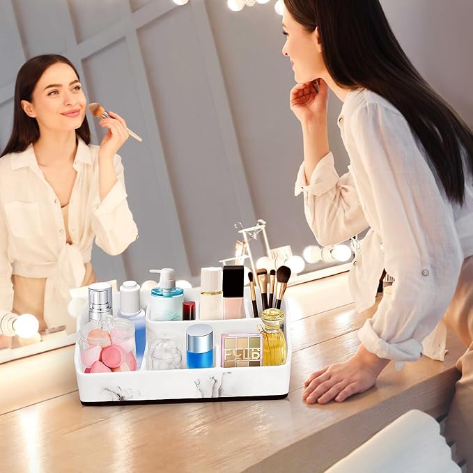 Marble Toothbrush Holder for Bathroom Organizer Countertop, Toothbrush Organizer with Qtip Holder Dispenser, White Toothbrush and Toothpaste Holder for Bathroom Counter Organization Storage Vanity