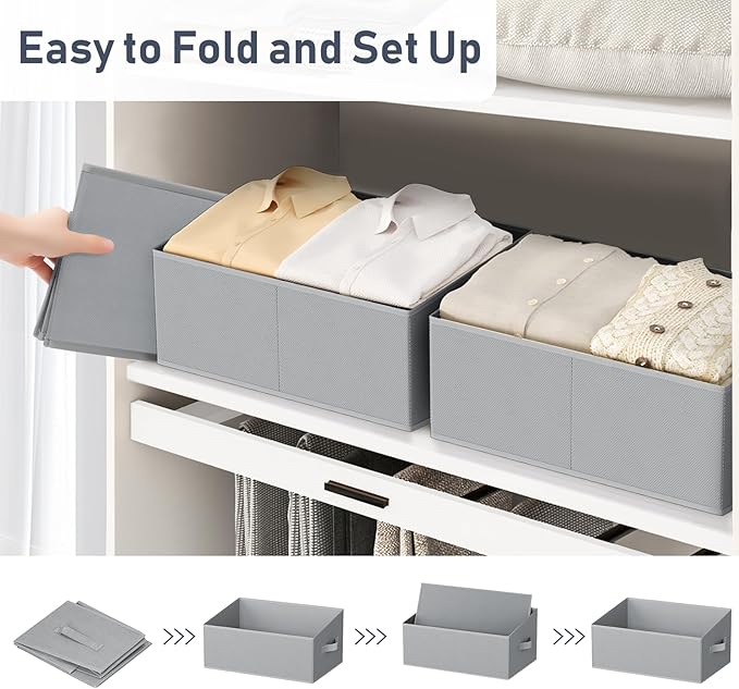 DIMJ Large Closet Storage Bins 8 Pack - Fabric Trapezoid Closet Organizer Bin, Foldable Storage Baskets for Shelves, Closet Shelf Organizer, Clothing Storage Box for Toys, Books, Towel, Clothes, Gray-NeatNest