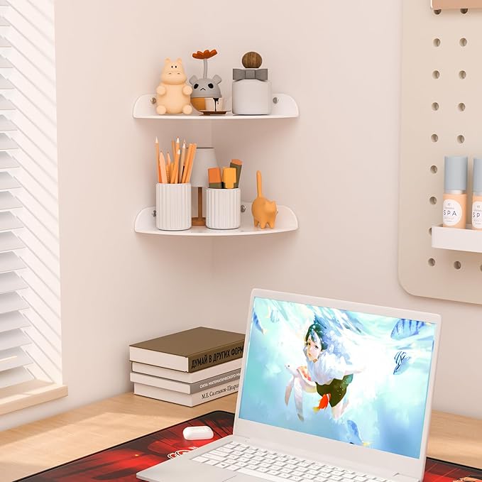 9.5x9.5 Inch Acrylic Corner Floating Shelf Set of 2, White Corner Wall Shelf for Home Décor, Speakers, Security Cameras, Toileries, Plants, Figures, Cosmetics, Books