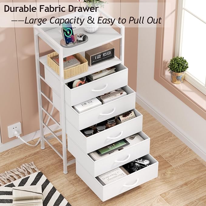 Furnulem White Nightstand with 5 Storage Drawer, Tall Dresser for Bedroom with Led Light and Charging Station, Side Table Nightstand for Closet, Fabric Bins, Metal Frame, Wood Shelf(White)