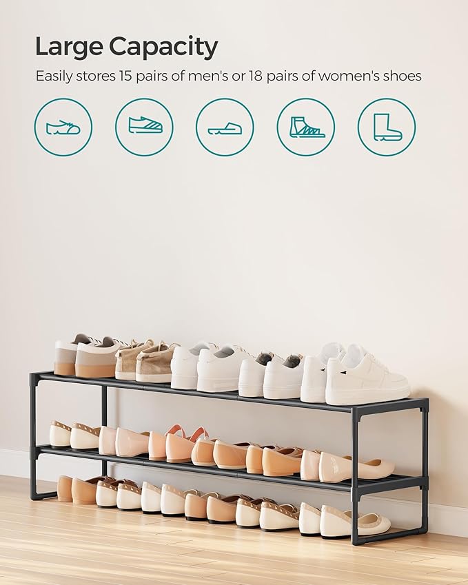 SONGMICS Shoe Rack, 2-Tier Shoe Organizer, Metal Storage Shelf, Upright or Upside Down, for 15-18 Pairs, Stackable, for Entryway, 11.8 x 46.1 x 13.4 Inches, Black ULSA032B01-NeatNest