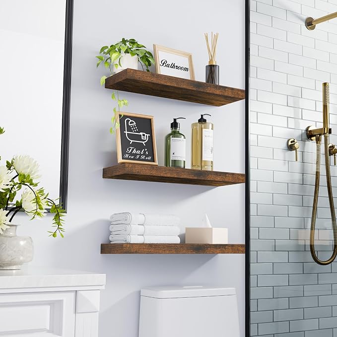 BAYKA Bathroom Floating Shelves for Wall โ Bathroom Shelf Over Toilet Farmhouse Rustic Wood for Bedroom, Kitchen, or Living Room Decor Organization โ Rustic Brown, Set of 3, Storage with 22lb Capacity-NeatNest