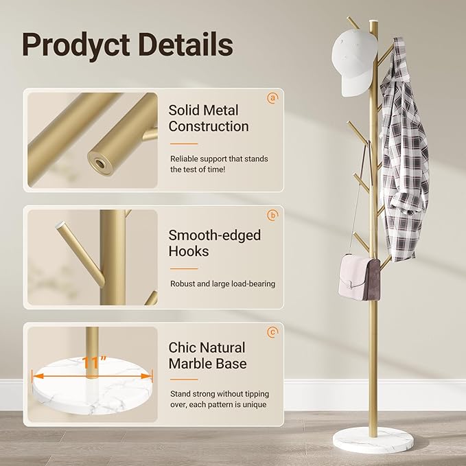 ELYKEN Coat Rack Freestanding with Natural Marble Base, Metal Coat Rack Stand with 10 Hooks, 3 Adjustable Size Coat Tree for Bags, Clothes, and Hats for Entryway, Bedroom, Hallway, Office, Gold-NeatNest