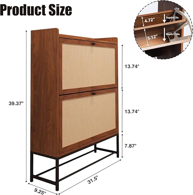 AVZEAR Narrow Shoe Storage Cabinet for Entryway with 2 Flip Drawers, Freestanding Shoe Cabinet with Natural Linen Panel, Slim Wood Shoe Organizer Closed Shoe Rack for Hallway, Foyer(Walnut)-NeatNest
