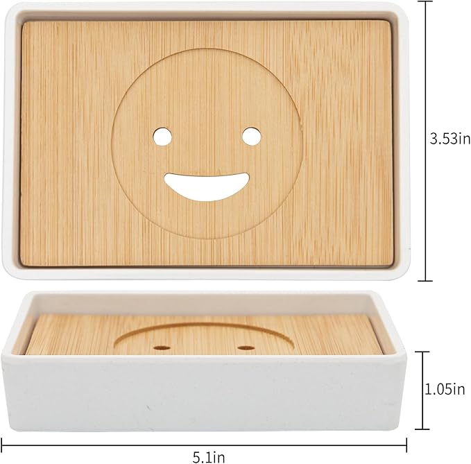 Bamboo Soap Dishes for Shower Wooden Soap Bar Holder for Bathroom Soap Tray Easy to Clean, Durable and with Non-Slip Pads(Single White Smiley face)-NeatNest