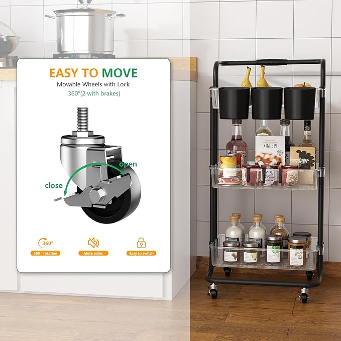3 Tier Rolling Cart with Metal Handle, Hanging Cups, Hooks, Plastic Storage Baskets & Wheels Lockable, Utility Craft Cart for Bathroom Classroom Office Kitchen Pantry Organizers and Storage, Clear-NeatNest