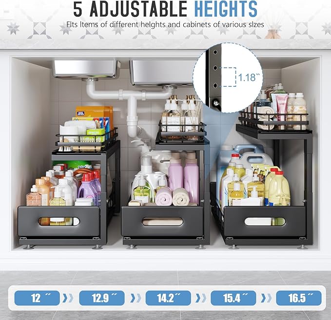 2 Pack 21 IN Depth Pull Out Cabinet Storage With Smooth Rails,2-Tier Dual Pull Out Cabinet Storage For Bathroom Kitchen,Under Sink Shelf-Black-NeatNest
