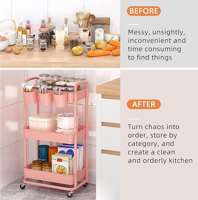 JIUYOTREE 3-Tier Plastic Rolling Storage Cart Utility Cart with Extra Hanging Cups Handles Lockable Wheels for Living Room Bathroom Kitchen Office Pink-NeatNest