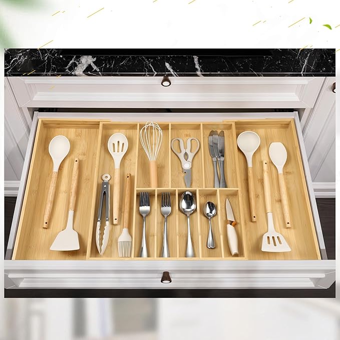 Fabsome Silverware Organizer for Cabinet Drawer, Expandable from 16.7'' to 30'' Wide Bamboo Wood Flatware Tray for Large Kitchen Drawers, Cutlery Utensil Holder
