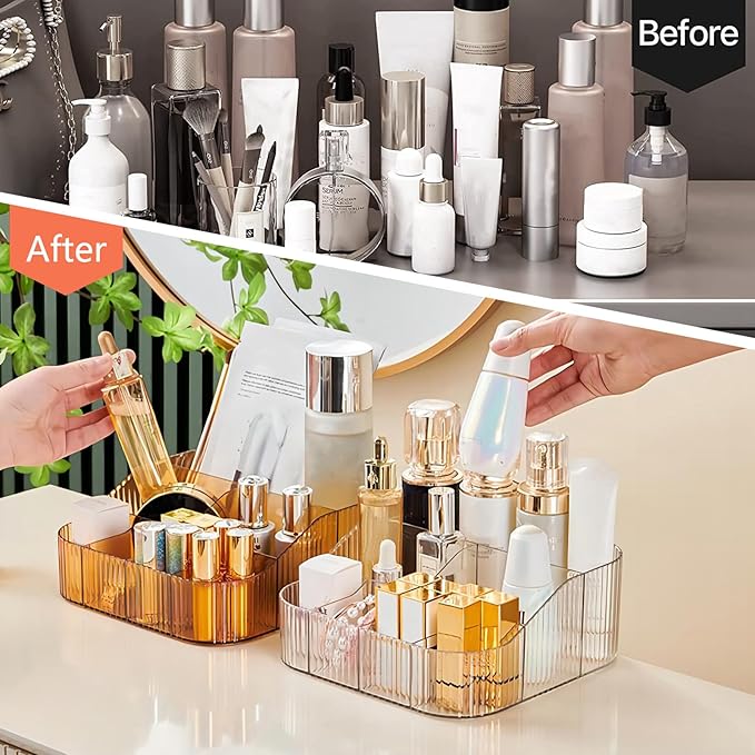 DASITON Large Capacity Makeup Brush Holder,8 Slot Makeup Brush Cup,Vintage striped Make Up Brush Holder,for Vanity Decor,Bathroom Countertops,Desk Storage Container,Cosmetic Display cases(Yellow-XL)-NeatNest