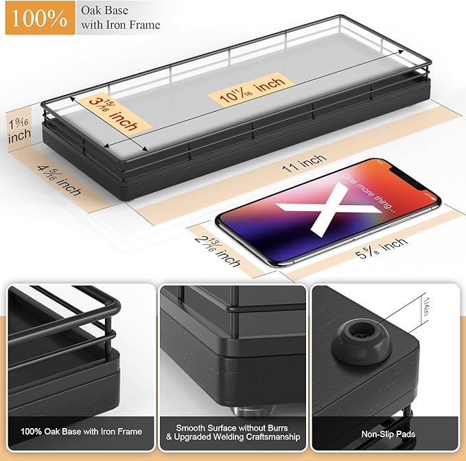 Bathroom Tray for Counter, Oak Wooden 11.2" L Decorative Vanity Tray for Dresser Tops Perfume Jewelry Makeup Candle Soap Sponge Holder for Kitchen Countertop Organizer Coffee Table Decor Bar Black-NeatNest